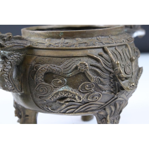 166 - Chinese Bronze ' Dragon ' Incense Burner, 19cm high