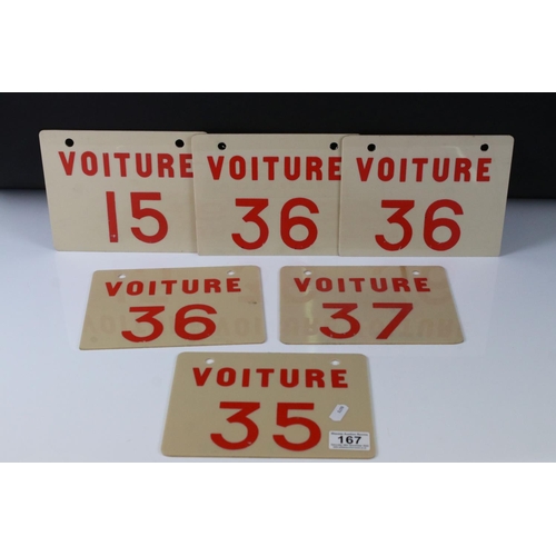 167 - Six Mid 20th century French Railway Passenger Carriage Number Signs. all reading ' Voiture ' with a ... 