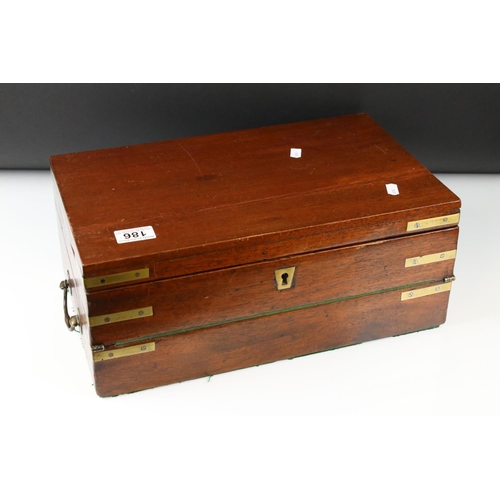 186 - 19th century Mahogany and Brass Bound Campaign Writing Slope Box, opening to a later fitted green wr... 