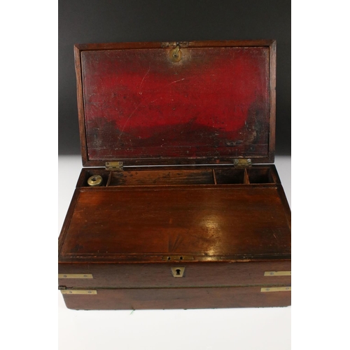 186 - 19th century Mahogany and Brass Bound Campaign Writing Slope Box, opening to a later fitted green wr... 