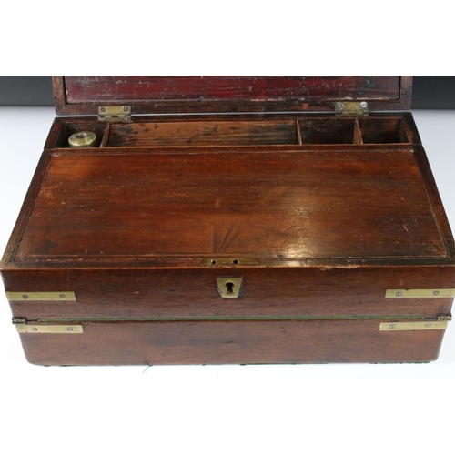 186 - 19th century Mahogany and Brass Bound Campaign Writing Slope Box, opening to a later fitted green wr... 