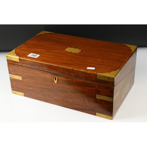 188 - 19th century Mahogany and Brass Bound Writing Slope Box, opening to a fitted interior with green lea... 