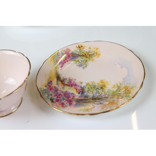 19 - Shelley Tea for Two in the England Charm pattern on a pink ground, comprising Tea Pot, Two Tea Cups,... 