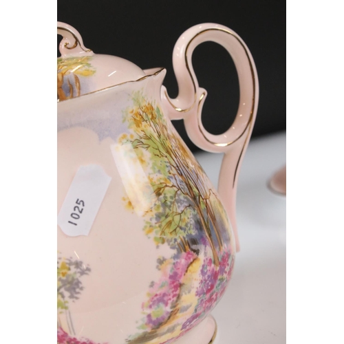 19 - Shelley Tea for Two in the England Charm pattern on a pink ground, comprising Tea Pot, Two Tea Cups,... 