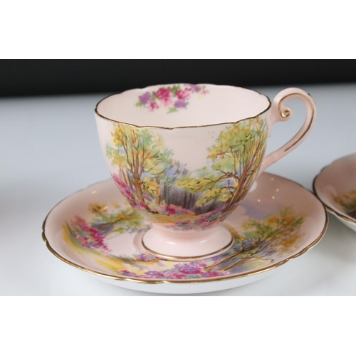 19 - Shelley Tea for Two in the England Charm pattern on a pink ground, comprising Tea Pot, Two Tea Cups,... 