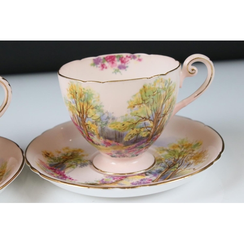 19 - Shelley Tea for Two in the England Charm pattern on a pink ground, comprising Tea Pot, Two Tea Cups,... 