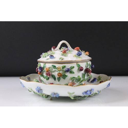 21 - Continental Ceramic Bowl and Cover with matching Saucer, floral and berry encrusted, Meissen style b... 