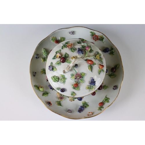 21 - Continental Ceramic Bowl and Cover with matching Saucer, floral and berry encrusted, Meissen style b... 