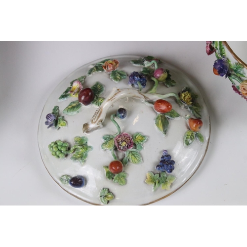 21 - Continental Ceramic Bowl and Cover with matching Saucer, floral and berry encrusted, Meissen style b... 