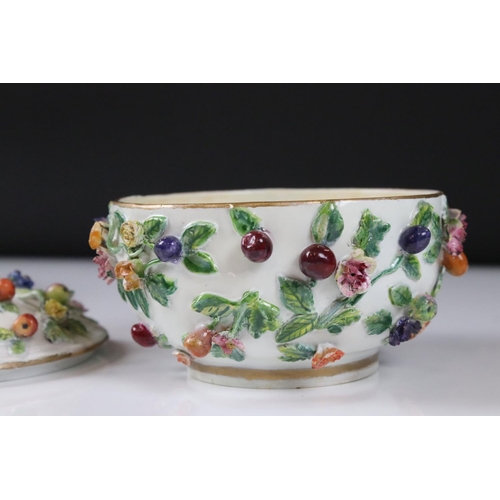 21 - Continental Ceramic Bowl and Cover with matching Saucer, floral and berry encrusted, Meissen style b... 