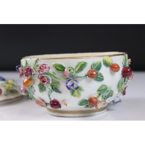 21 - Continental Ceramic Bowl and Cover with matching Saucer, floral and berry encrusted, Meissen style b... 