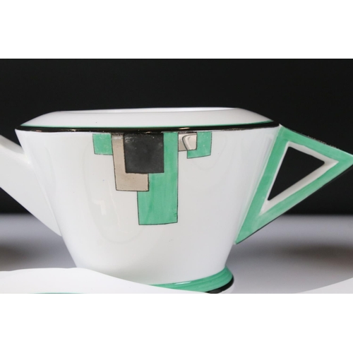 27 - Shelley Tea ware in the Vogue Green Blocks pattern no. 11785, comprising Tea Pot, Two Tea Cups, Two ... 