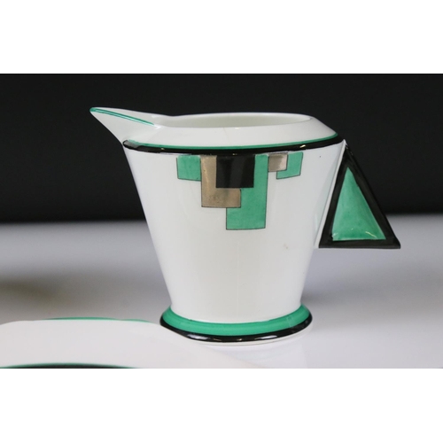 27 - Shelley Tea ware in the Vogue Green Blocks pattern no. 11785, comprising Tea Pot, Two Tea Cups, Two ... 