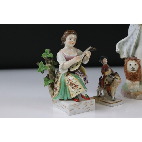 28 - Six Continental Porcelain Figures including Two Sitzendorf figures 9cm high and ' La Terre ' figurin... 