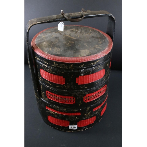 420 - Japanese Red and Black painted Three Section Stacking Picnic / Tiffin Box, 51cm high