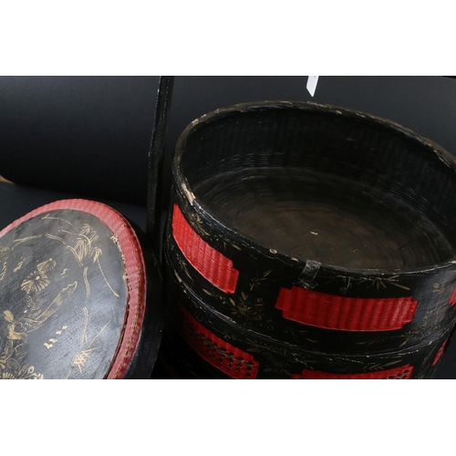 420 - Japanese Red and Black painted Three Section Stacking Picnic / Tiffin Box, 51cm high