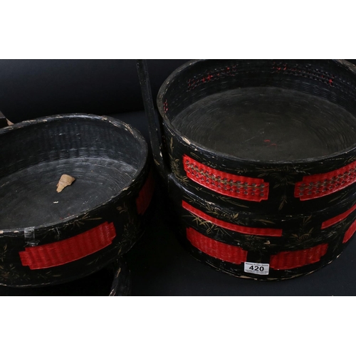 420 - Japanese Red and Black painted Three Section Stacking Picnic / Tiffin Box, 51cm high