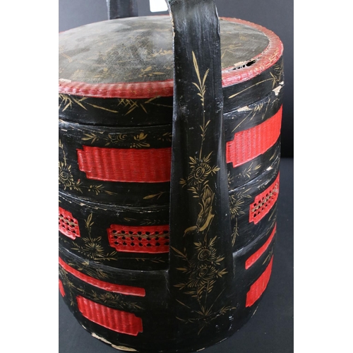 420 - Japanese Red and Black painted Three Section Stacking Picnic / Tiffin Box, 51cm high