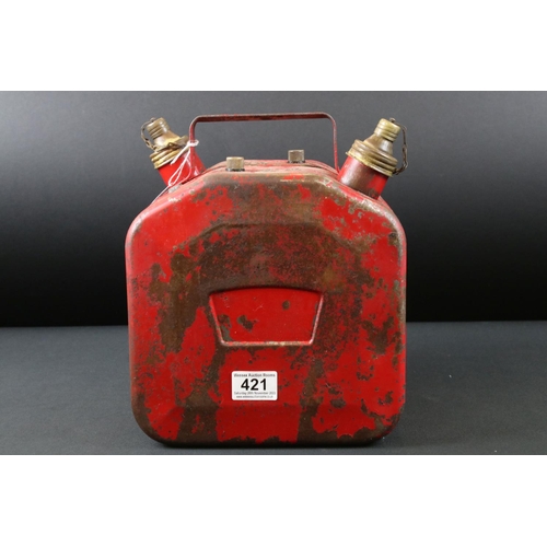 421 - Mid 20th century Slovenian Red Double Section Fuel Can, one side marked ' Olja ' and the other ' Ben... 