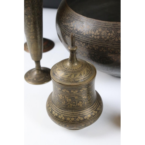 425 - Collection of Engraved Indian Brass including Two Pairs of Vases, 21cm high, Lidded Jar, Bowl and a ... 