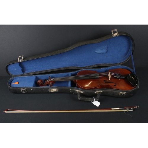 432 - Cased Violin together with a Rosewood Bow with Mother of Pearl Inlay