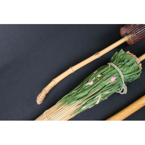 433 - Late 19th / Early 20th century Oriental Green Silk and Bamboo Parasol embroidered with pink flowers ... 