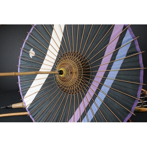 433 - Late 19th / Early 20th century Oriental Green Silk and Bamboo Parasol embroidered with pink flowers ... 