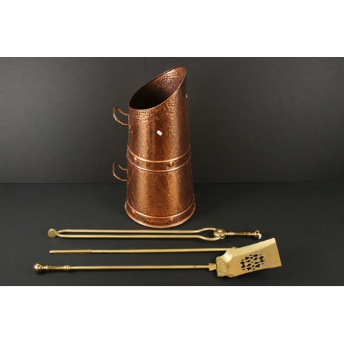 434 - Hammered copper coal chute / scuttle with set of three brass fire irons