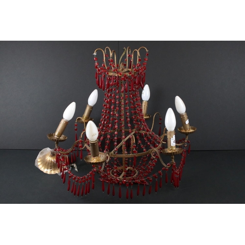 436 - Early 20th century Gilt Metal Electrolier, six branches with red glass effect beads and drops, 51cm ... 