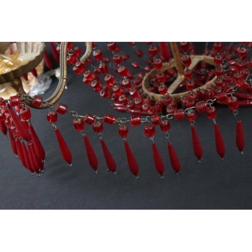 436 - Early 20th century Gilt Metal Electrolier, six branches with red glass effect beads and drops, 51cm ... 