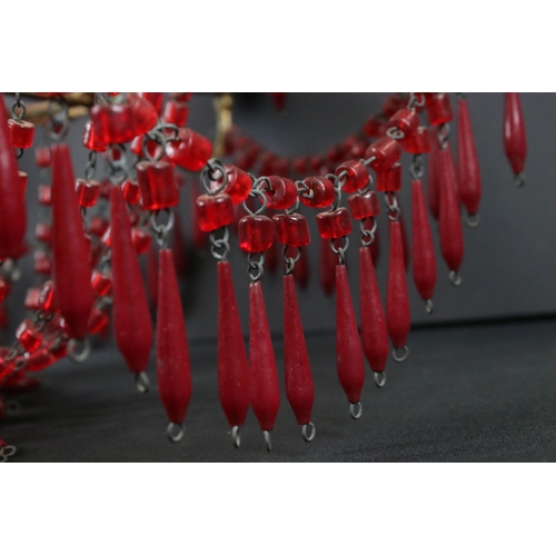 436 - Early 20th century Gilt Metal Electrolier, six branches with red glass effect beads and drops, 51cm ... 