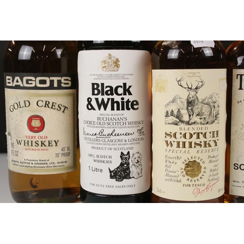 444 - Five bottles of scotch whisky to include Special Reserve, Teachers, Bagots (Irish Wisky), Black & Wh... 