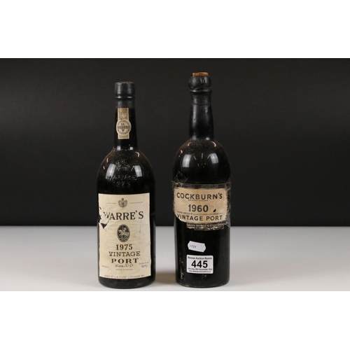 445 - Two bottles of vintage port to include Cockburns 1960 and Warre's 1975 examples.