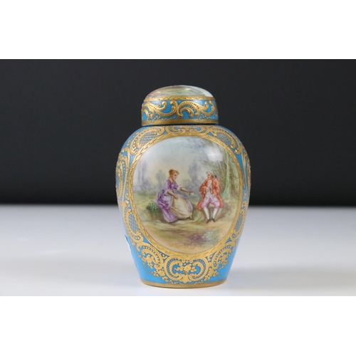 5 - Sevres porcelain Jar and Cover decorated with two panels depicting a courting couple and a lake scen... 