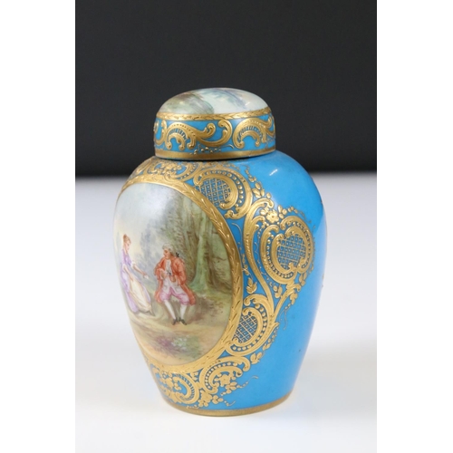 5 - Sevres porcelain Jar and Cover decorated with two panels depicting a courting couple and a lake scen... 