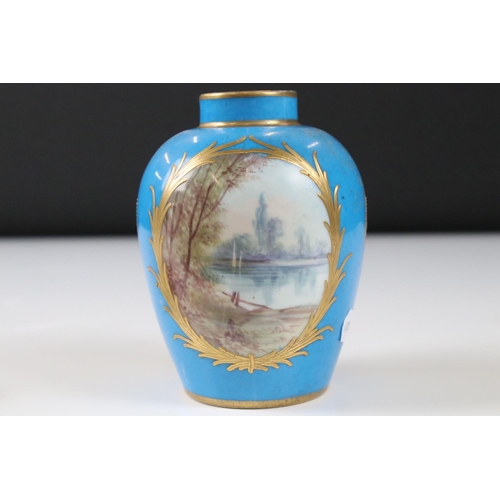 5 - Sevres porcelain Jar and Cover decorated with two panels depicting a courting couple and a lake scen... 