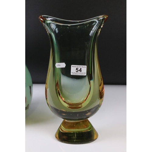 54 - Large French ' Sevres ' Heavy Green Glass Vase, 34cm high together with a Studio Mottled Glass Bottl... 