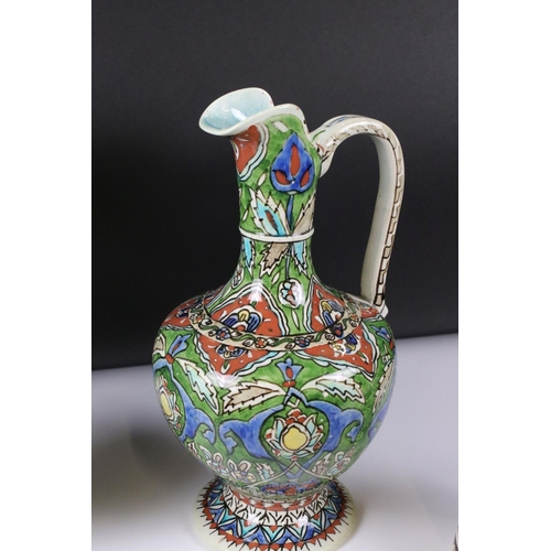 58 - Collection of Persian Islamic / Iznik Pottery including Two Water Jugs, 32cm high Vase, Three Mugs, ... 