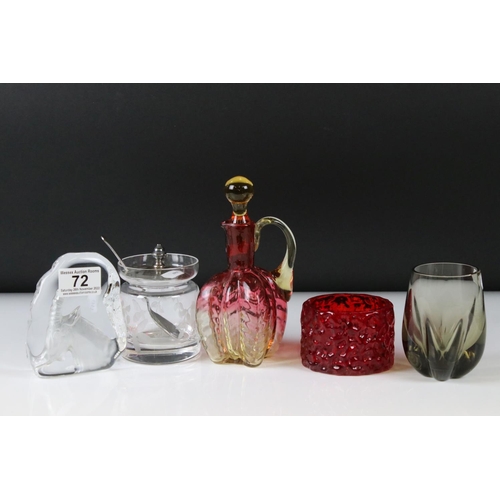 72 - Five items of Glass including Whitefriars style Red Bark Candle Holder, 6cm high, Pink and Yellow Ti... 