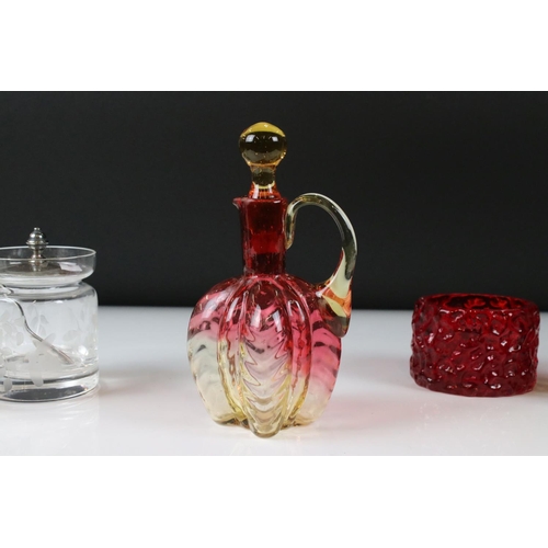 72 - Five items of Glass including Whitefriars style Red Bark Candle Holder, 6cm high, Pink and Yellow Ti... 