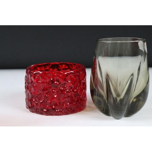 72 - Five items of Glass including Whitefriars style Red Bark Candle Holder, 6cm high, Pink and Yellow Ti... 