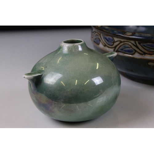 74 - Royal Doulton Stoneware Bowl decorated with an incised leaf pattern on a blue ground, 26cm diameter,... 