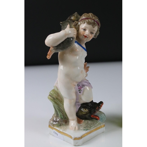 8 - Continental Porcelain Figure of a Boy playing a Musical Instrument, Meissen style blue cross swords ... 