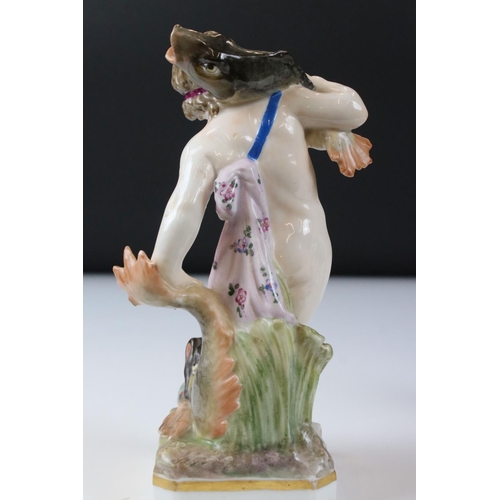 8 - Continental Porcelain Figure of a Boy playing a Musical Instrument, Meissen style blue cross swords ... 