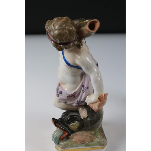 8 - Continental Porcelain Figure of a Boy playing a Musical Instrument, Meissen style blue cross swords ... 