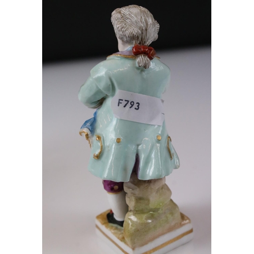 8 - Continental Porcelain Figure of a Boy playing a Musical Instrument, Meissen style blue cross swords ... 