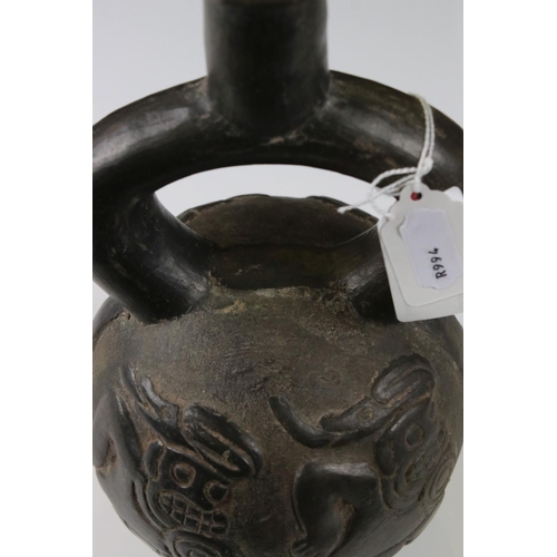 88 - Replica Peruvian Moche Pottery Stirrup Drinking Vessel with moulded decoration of dancing figures, 2... 