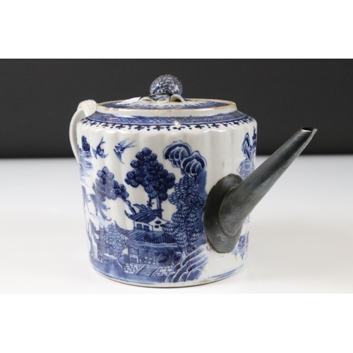 9 - Chinese Export Blue and White Teapot with twisted handle and white metal spout, 15cm high together w... 