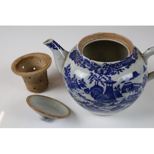 9 - Chinese Export Blue and White Teapot with twisted handle and white metal spout, 15cm high together w... 