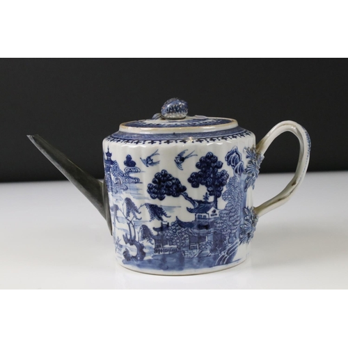 9 - Chinese Export Blue and White Teapot with twisted handle and white metal spout, 15cm high together w... 